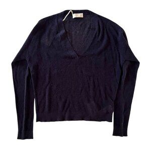 Momoni Crespino V- Neck Sweater in Crepe Wool Navy S NWT